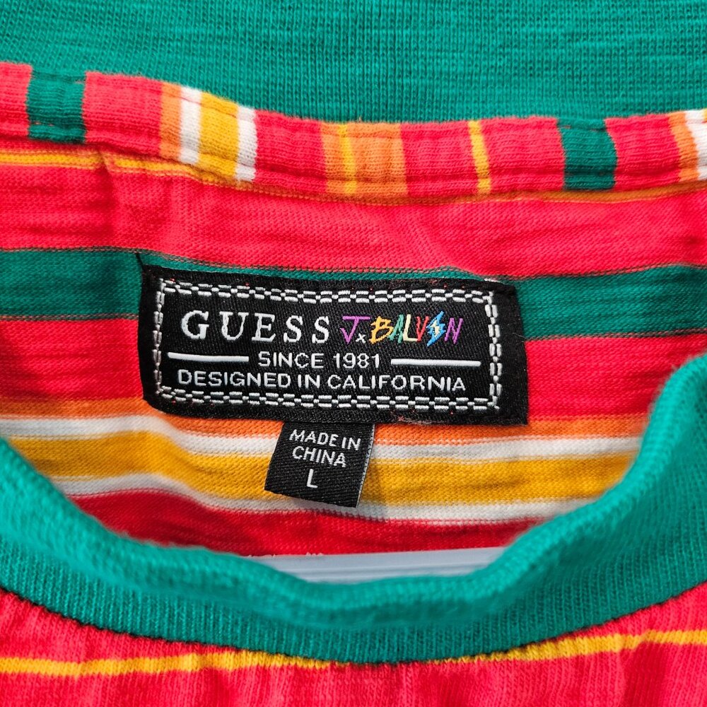 Men's GUESS x JBalvin Vibras Collection Striped Colorful Ringer T-shirt Retro MD - Picture 4 of 8
